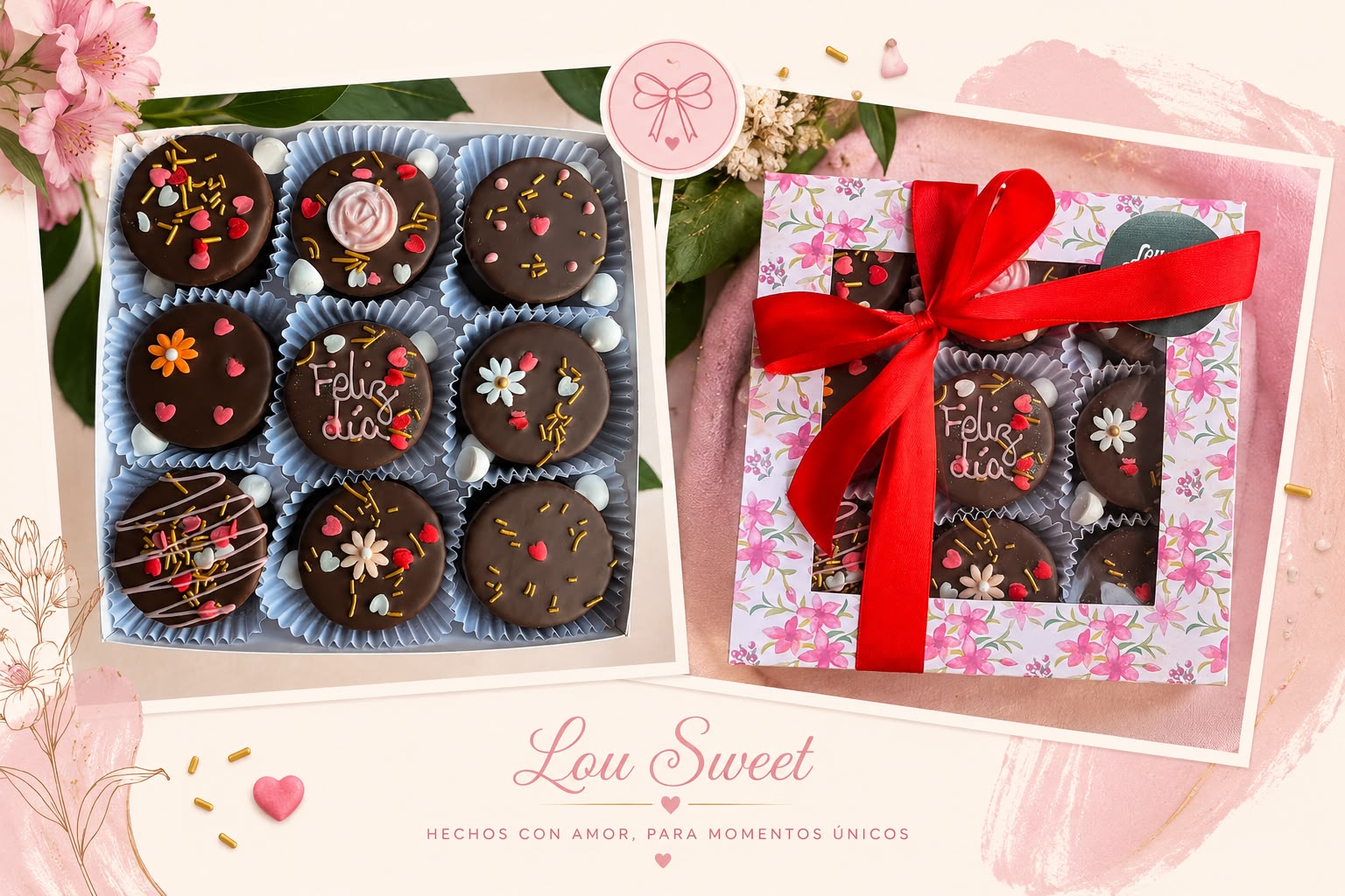 Cajas de alfajores Lou Sweet decoradas con corazones y flores, una con lazo rojo